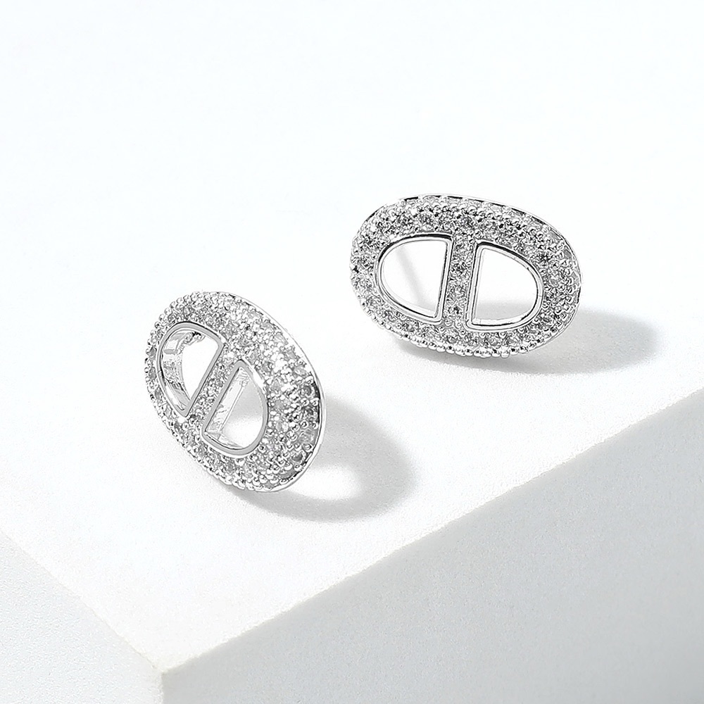 14K White Gold CZ Stone Pave Mariner Link Stud Earrings